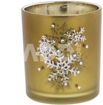 Žvakidė stiklinė 1 žvakutei rusva su snaigėmis XM324 KLD, H:8, W:7, D:7 cm.