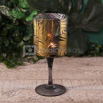 Žvakidė stiklinė dekoruota aukso palmėmis h 20cm 62501