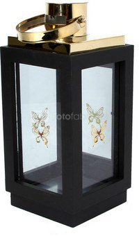 Žvakidė žibintas juodos/aukso spalvos su drugeliais HE808 H:36 W:13 D:13 cm
