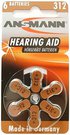 1x6 Ansmann Zinc-Air 312 (PR 41) Hearing Aid Batteries