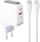 Wall charger LDNIO A2522C USB, USB-C 30W + USB-C - Lightning cable